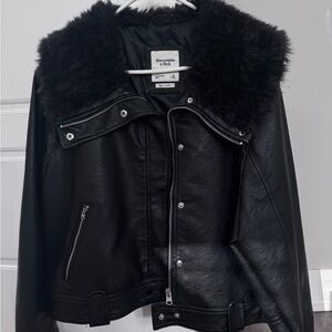 Abercrombie & Fitch Women's Leather Jacket with Faux Fur Collar